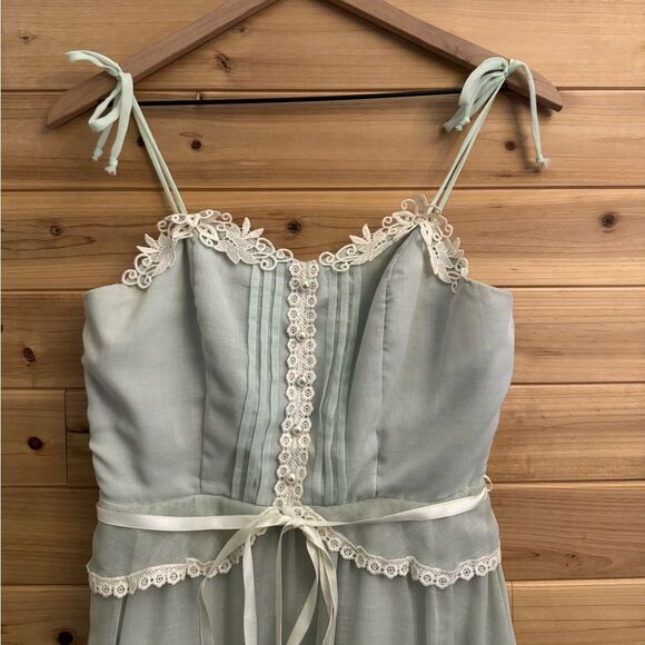 Vintage Size Small Baby Blue Lace Tiered Tie Strap Coquette Prairie Maxi Dress - Picture 6 of 14